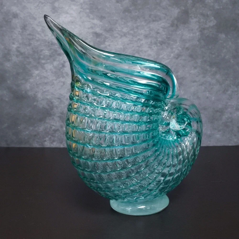 Hand Blown Art Glass Green Blue Nautilus Conch Sea Shell Vase